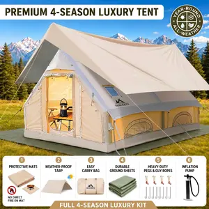 SENLEETO 4-Person Easy Setup Tent - 129 sq ft, 3-Min Quick Setup, 420D Waterproof Oxford, No AC Vent, Portable Glamping Cabin with Pump, Rainfly, Ground Mat, Fireproof Mat