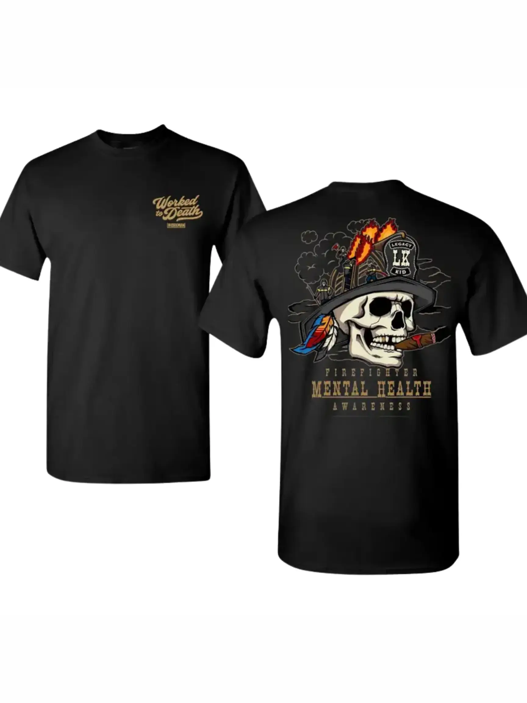 Firefighter Mental Health Awareness Print Tee, Soft Casual Fabric Fit Heavy Cotton Streetwear - Badass Skull Fireman Apparel, Support Our Heroes Sports Top