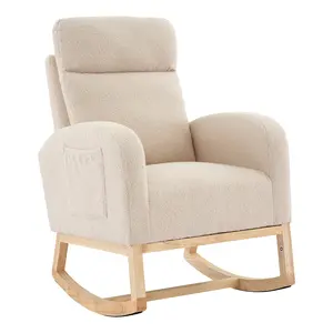 Modern High Back Upholstered Rocking Glider Chair – Sturdy Rubber Wood Legs – Wingback Accent Rocker with Side Pockets, Foot Rest – Ideal for Dining Service Furniture
