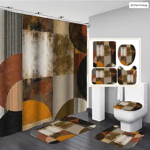 1/3/4PCS Abstract Pattern with Geometric Shapes and Earth tones Shower Curtain Set with Rugs, Non Slip Bath Mat, U-Shape Carpet, Toilet Lid Cover, Polyester Fabric Bathtub Curtain Accessories, 12 Hooks, Home Ba