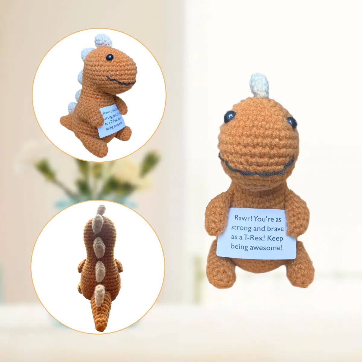 April Fool's gift chocolate dinosaur Emotional support decorative ornaments, wool hand-knitted, brown dinosau living statue