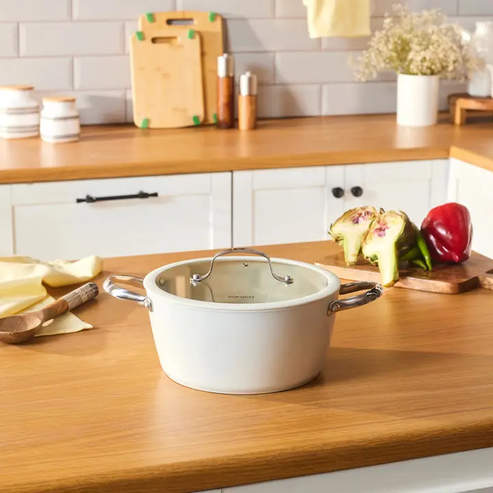 Karaca Swiss Crystal 24cm Non-Stick Induction Casserole Pot with Lid, Almond Cream Cookware