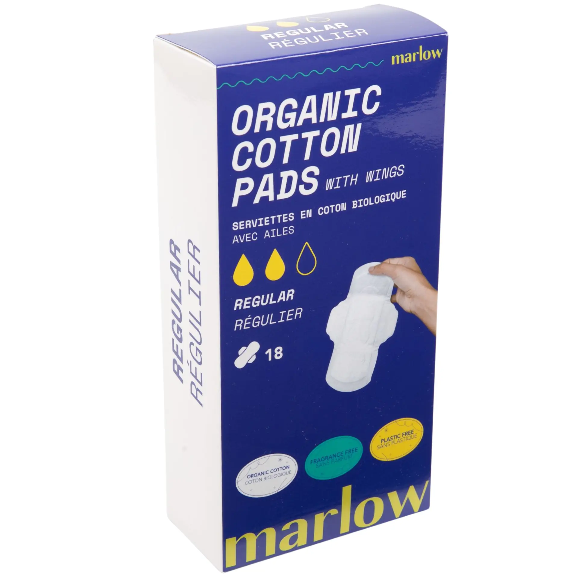 Marlow 100% Organic Cotton Top Sheet Pads with Sticky Wings, Biodegradable Wrapper, Plastic Free, Fragrance Free, Chlorine Free, Toxin Free, Hypoallergenic, Ultra Thin, Leak Proof, 18 count