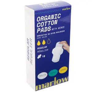 Marlow 100% Organic Cotton Top Sheet Pads with Sticky Wings, Biodegradable Wrapper, Plastic Free, Fragrance Free, Chlorine Free, Toxin Free, Hypoallergenic, Ultra Thin, Leak Proof, 18 count