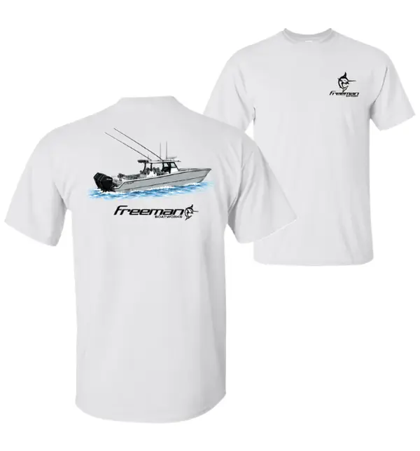 Freeman Boatworks Fishing Boat Graphic Tee, Vintage Center Console Boat T-Shirt, Retro Freeman Nautical Shirt, Bold Sportfishing Line Art Apparel, Catch and Release Fishing Tee, Funny Fishing Gift, Perfect Gift For Men and Women