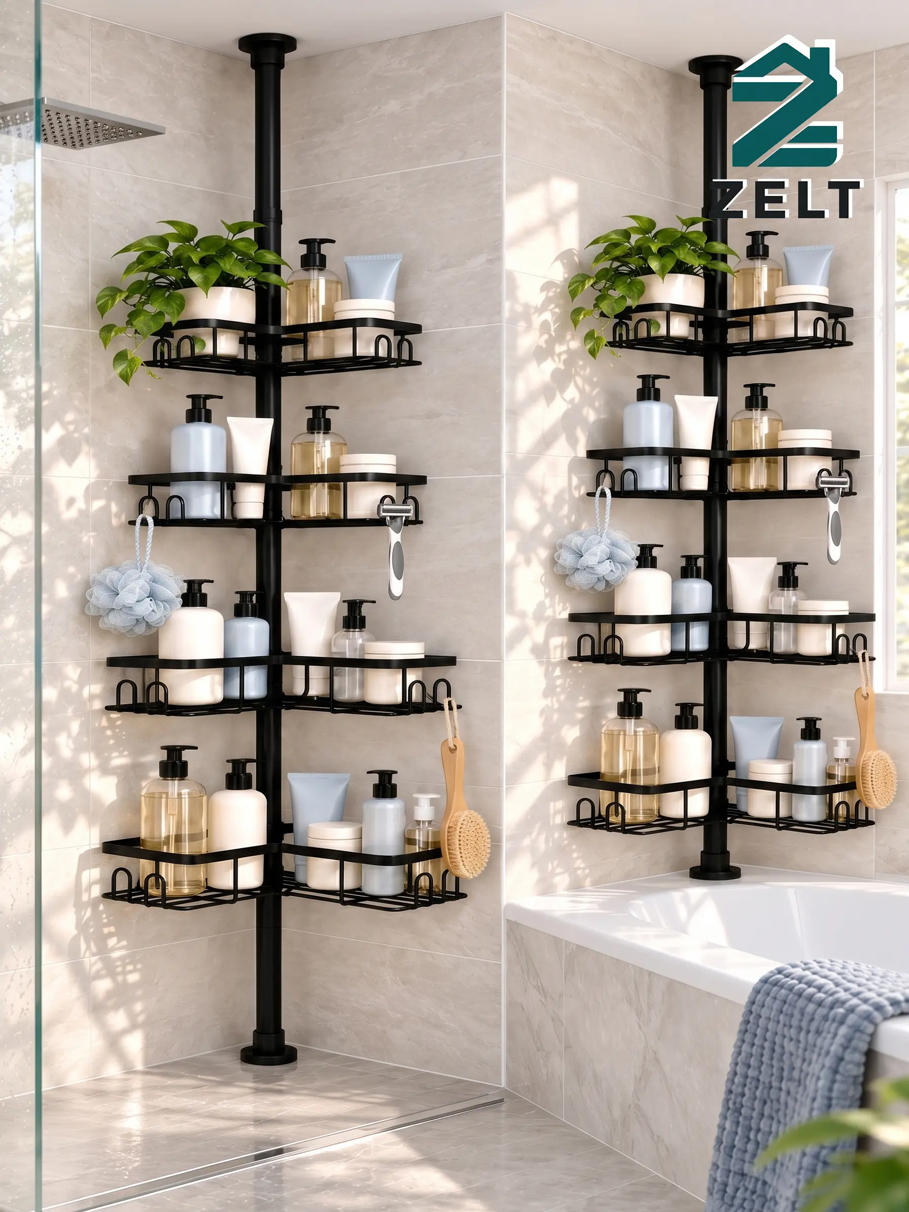 No Drilling Corner Shower Caddy, Adjustable Tension Pole Shower Shelf for Renters and Apartments, Rust-Resistant Metal, Black