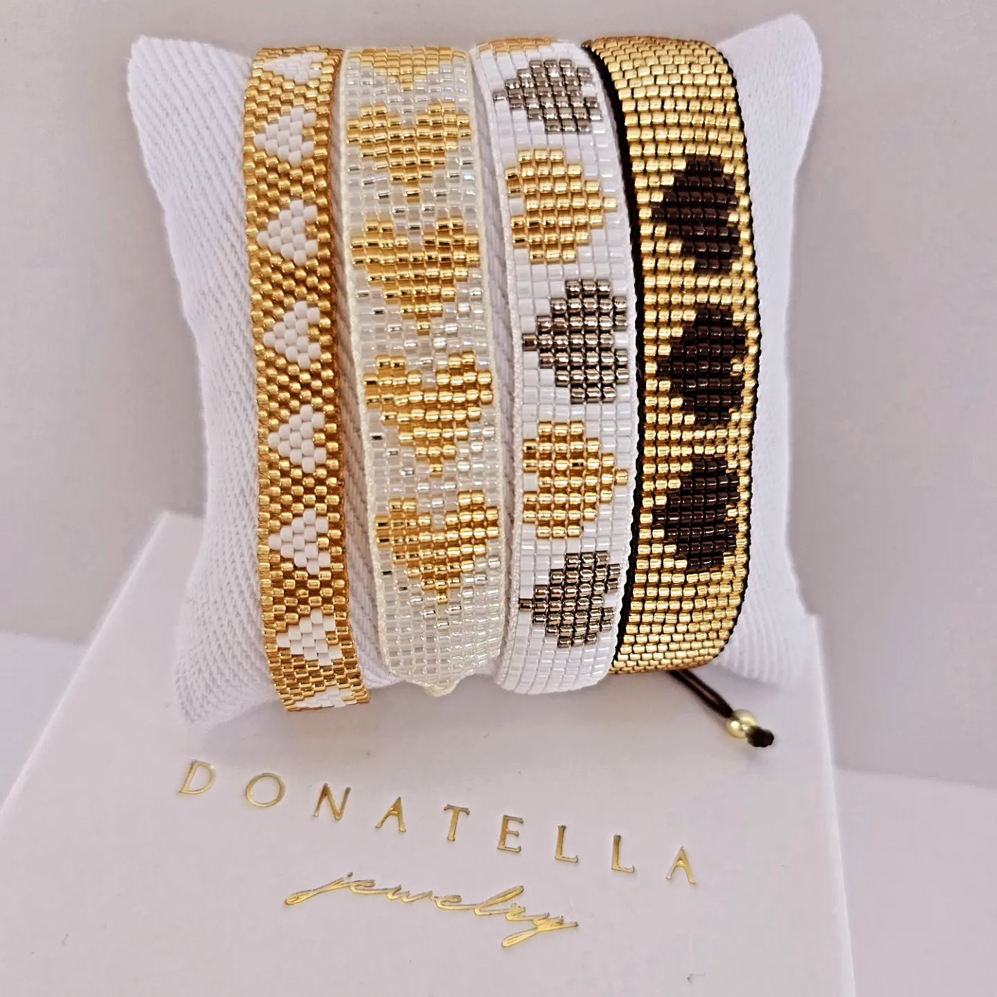 Donatella Gold Hearts Miyuki Bracelet Adjustable Beaded Jewelry for Women Stackable Design in Golden White Black or Grey