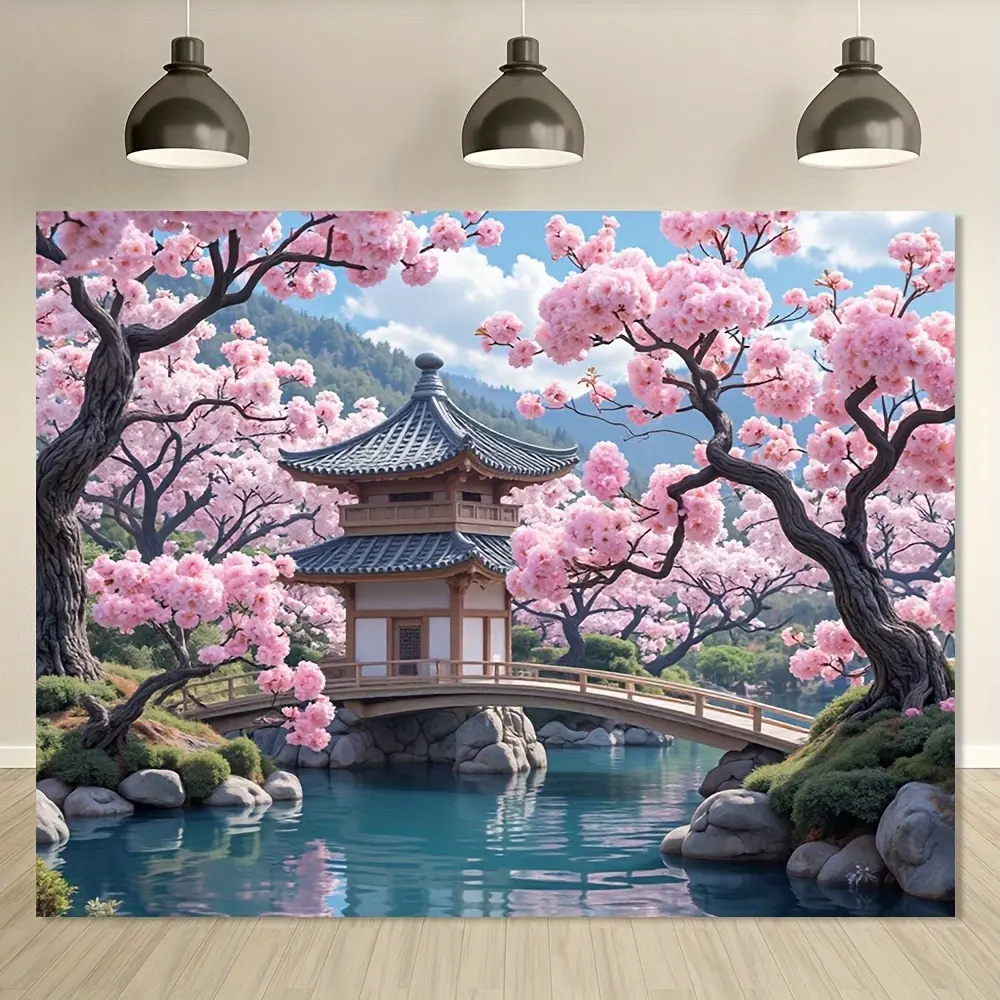 1-Piece Classic Retro Vintage Japanese Cherry Blossom & Traditional House Hanging Wall Tapestry - High Def Print Cherry Trees, Pagoda, Bridge, Durable Synthetic Polyester Fabric, Home Decor, Ideal Gift, Animals, Watercolour