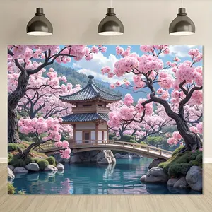 1 piece - Cherry Blossom and Traditional Japanese House Wall Banner - Vivid Japanese scene, blooming cherry trees, pagodas and bridges - Durable polyester fabric, suitable for home and party decorations, cute room decoration