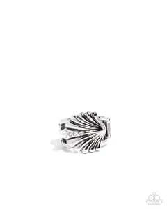 Seashell Side - White Rhinestone Silver Shell Ring - Paparazzi