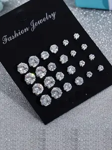 12 Pairs Elegant Simple Rhinestone Stud Earrings Set | Copper and Iron Material, Suitable for Daily and Party Occasions, Trendy Jewelry