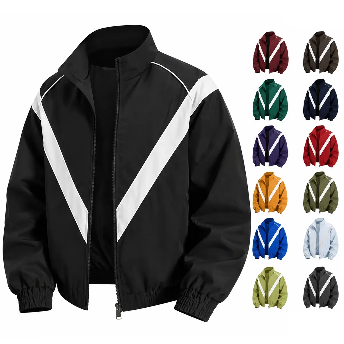 Men’s stand collar flight jacket made from windproof, durable fabric with a relaxed fit; suitable for streetwear, everyday casual wear, commuting, and outdoor travel. Features a full zip closure and ribbed cuffs at the sleeve ends.