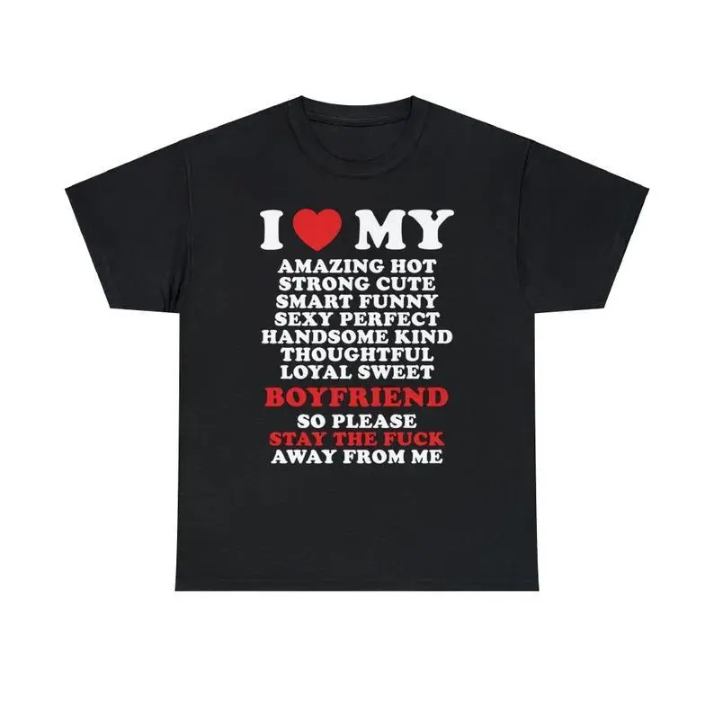 Menswear Round Neck Short Sleeve Tshirt - Unisex Casual Top with 'I Love My Boyfriend' Funny Text Graphic, Machine Washable, Soft Cotton, Crew Neck