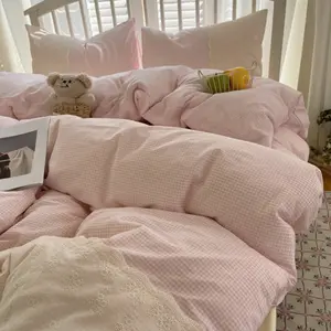 Sophia Gingham Lace Washed Cotton Bedding Set / Pink