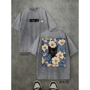 "Cat in the Flowers" Double-Sided Print T-Shirt | Retro Washed 230gsm Cotton, Men's Casual Comfortable Street Style Tee, Vintage Floral Feline Graphic Top Oversized Streetwear Menswear Soft Tshirt