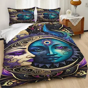 Celestial Split Face Duvet Cover Set, Elegant Mystical Sun and Moon Bedding Set, Ornate Floral and Mandala Design, Perfect for Bohemian Bedroom Decor, Soft and Cozy Material, Contains 1 duvet cover, 1 or 2 pillowcases (without filling)
