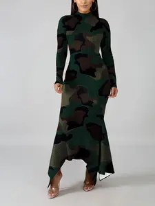 Women's Long Sleeve High Neck Camouflage Tailored Dress, Casual Chic Dress, Fashionable Casual Wear, Perfect for Daily, Stylish and Comfortable