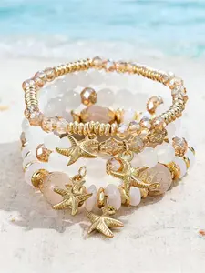 4Pcs Boho Gold Starfish Beaded Bracelets Set for Women, Summer Beach Layered Stretch Wristbands Jewelry, Perfect Vacation Gift