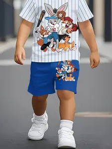 Boys Summer Trendy Short Sleeve Set, Cute Cartoon Animal Print with Blue and Stripes, Stylish and Comfortable Fit for All Seasons Kid