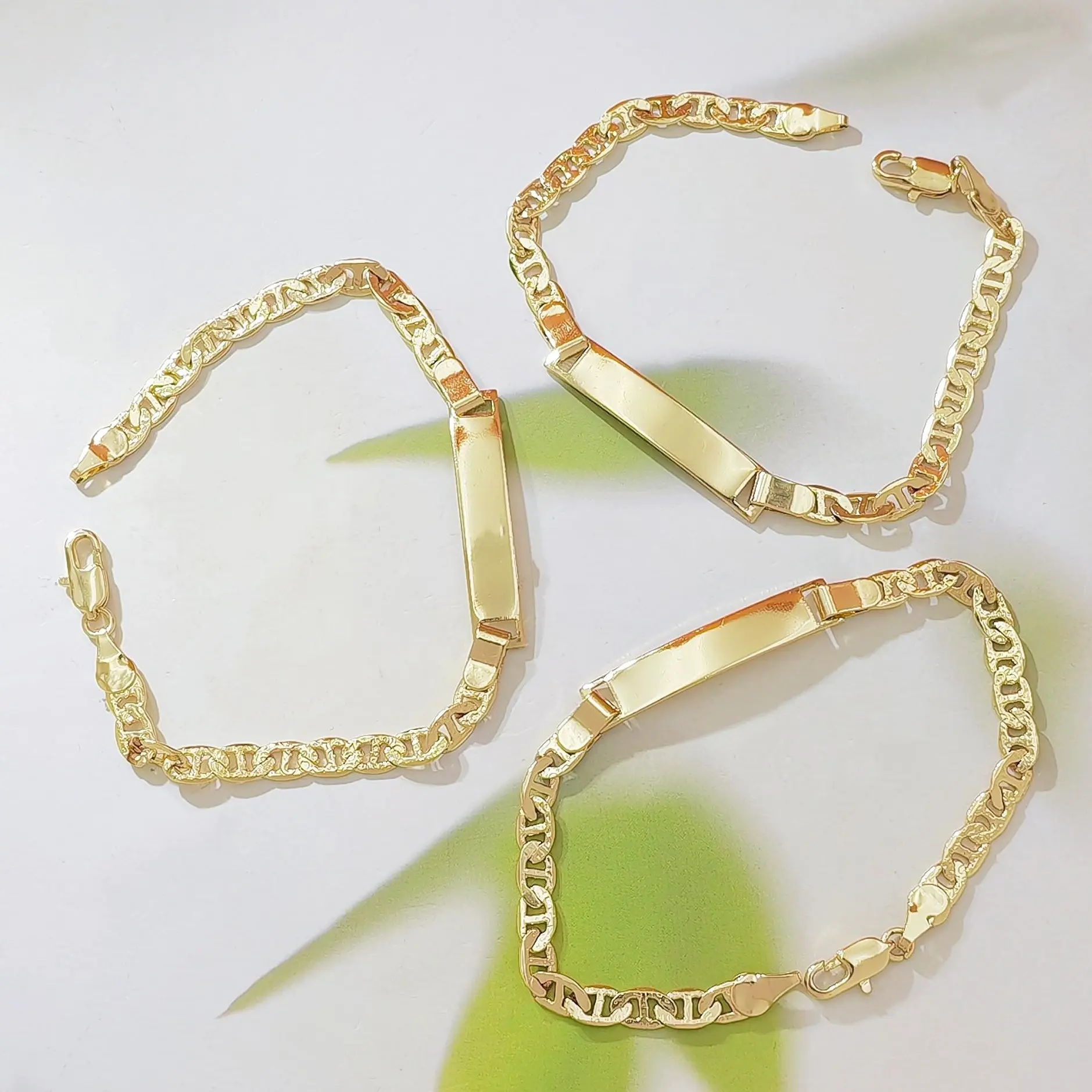 18K Gold Plated Mariner Link ID Bracelet for Women, Engravable Flat Bar Chain Bracelet with Lobster Clasp, 7.5 Inch, Personalized Statement Jewelry