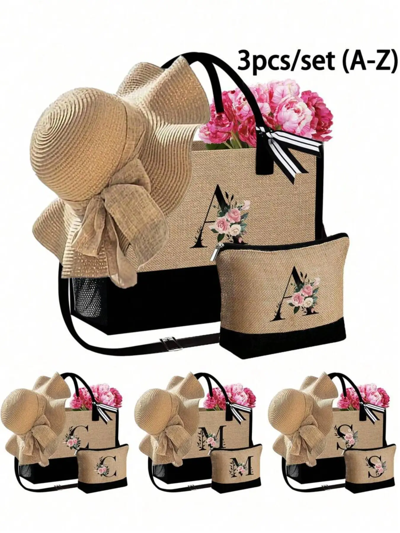 3pcs/Set Women Beach Casual Tote Bag With Shoulder Strap, Beach Hat And Cosmetic Bag, Personalized Gift Bag With Side Pocket, Beach Bag With Scarf, Women Khaki Wavy Beach Sun Hat, Fashionable Bag Set, Shoulder Totes