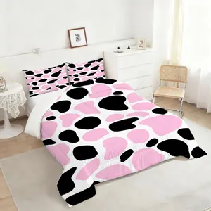 2/3Pcs Whimsical Black & Pink Cow Print Comforter Set, Stylish Organic Shape Bedding Set, Soft & Cozy Quilted Comforter, Perfect for Vibrant Bedroom Decor, Kids & Teens Room Essentials 1 or 2 Pillowcase No Pillow Core