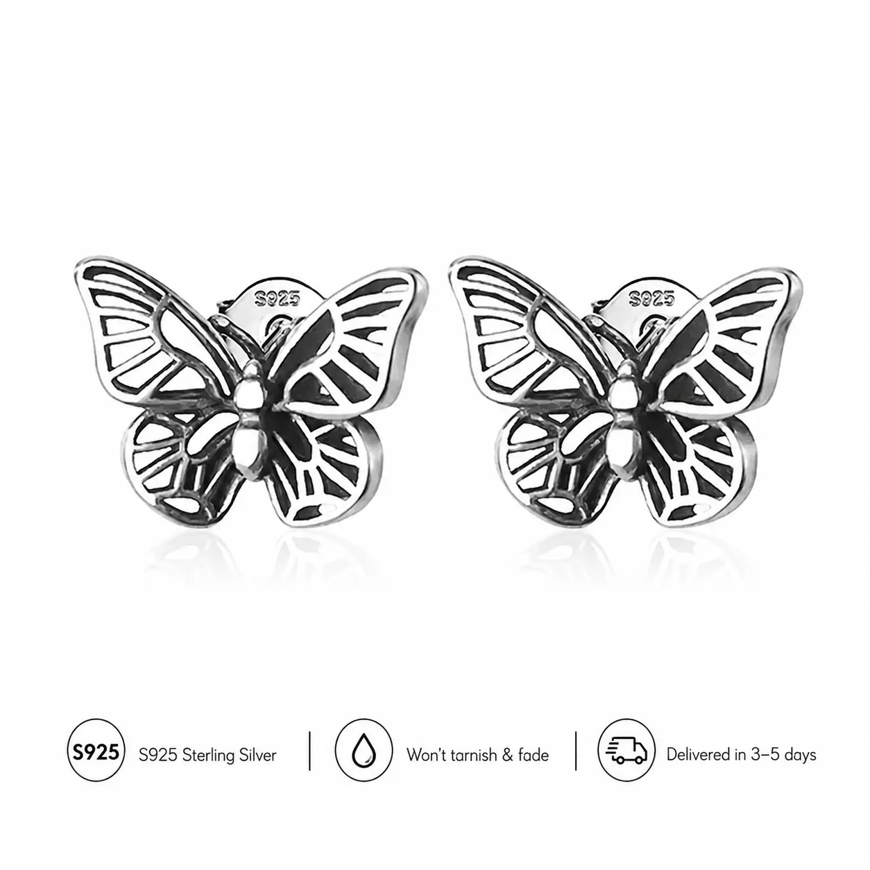 Butterfly Stud Earrings for Women, S925 Sterling Silver Vintage Openwork Butterfly Earrings, Oxidized Floral Inspired Jewelry, Birthday Christmas Gift for Her