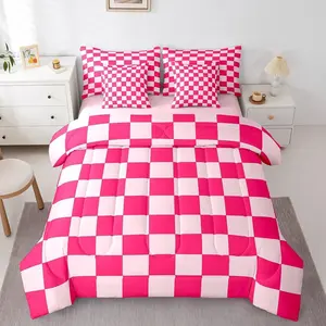 Checkered 7 Piece Bedding Set Teen Women Boho Modern Cute Aesthetic Decorative Girly Comforter Set with Sheets Kids Boys Geometric Chic Bed in a Bag Pink White Plaid Room Decor