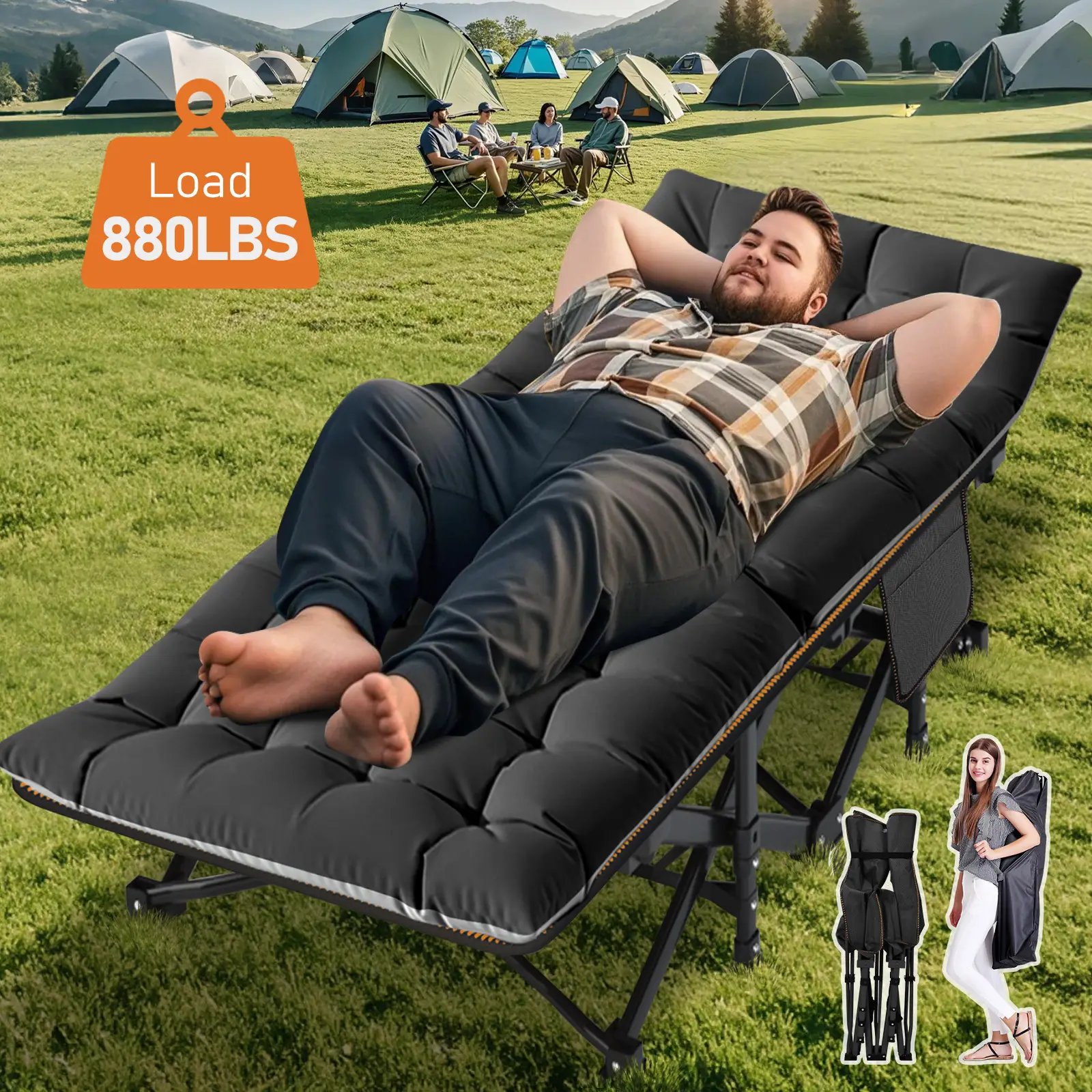 Lilypelle Folding Camping Cot w/3.3 Inch 2 Sided Mattress, Up to 880 Lbs Heavy Duty Sleeping Cots with Carry Bag, Folding Guest Bed, 1200 D Layer Oxfo