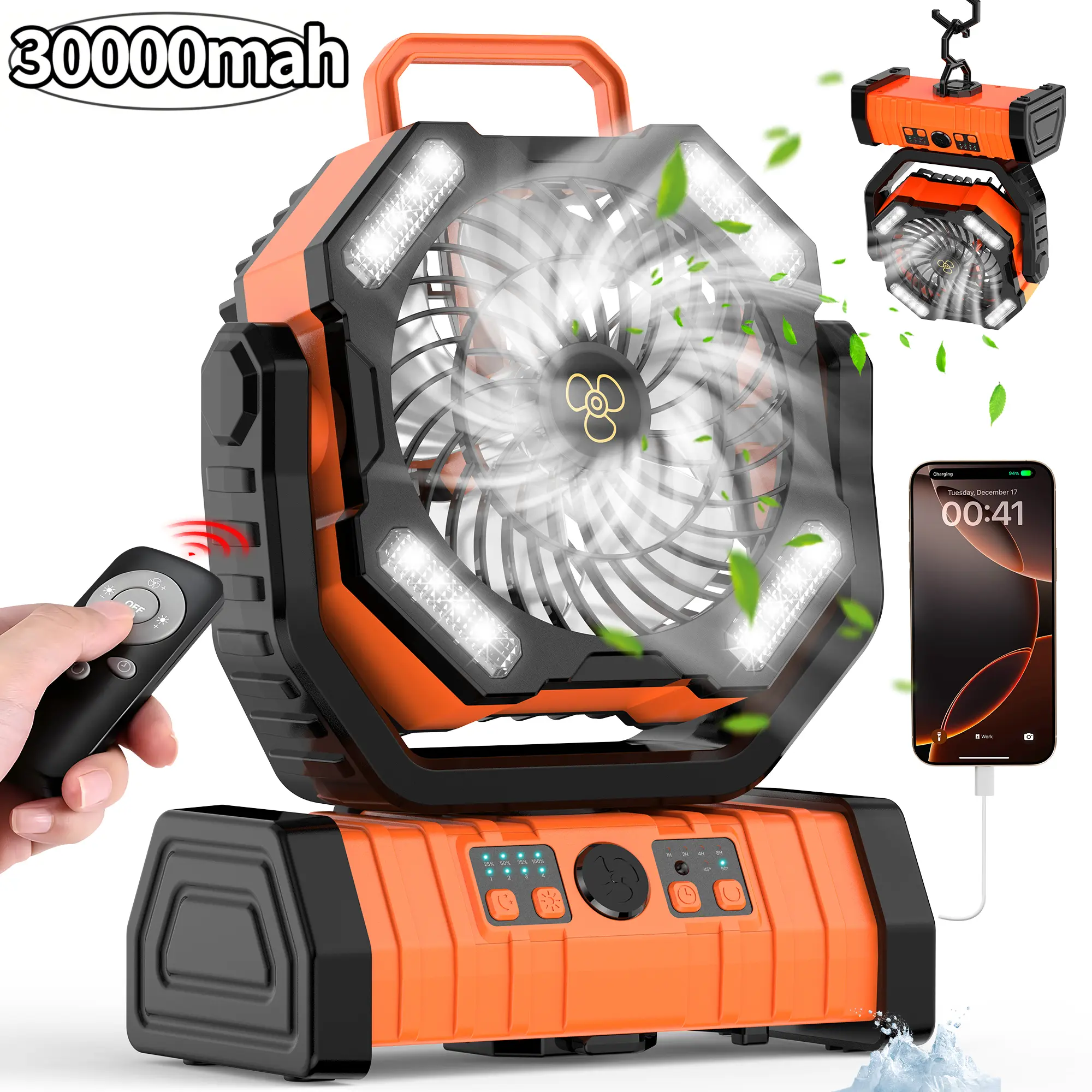 30000mAh Rechargeable Portable Camping Fan with LED Light, Oscillating, 360° Hook, 270° Pivot, Remote Control, Timer & USB Charging. Cordless, Quiet, Strong Wind for Tent, Camping, Travel, Home, Outdoor Sports, Bleachers & Emergency Use