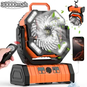 30000mAh Rechargeable Portable Camping Fan with LED Light, Oscillating, 360° Hook, 270° Pivot, Remote Control, Timer & USB Charging. Cordless, Quiet, Strong Wind for Tent, Camping, Travel, Home, Outdoor Sports, Bleachers & Emergency Use