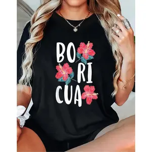 180g Printed Round Neck Short Sleeve T-Shirt Boricua Flowers Latina Puerto Rican Girl Puerto Rico Woman T-Shirt