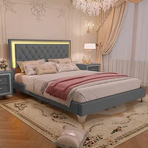 Sturdy Queen Size Velvet Upholstered Platform Bed Frame with LED Lights, Tufted Headboard, Wood Slat Support, No Box Spring Needed, Easy Assembly for Bedroom, Bed Frames, Sturdy Bed Frame