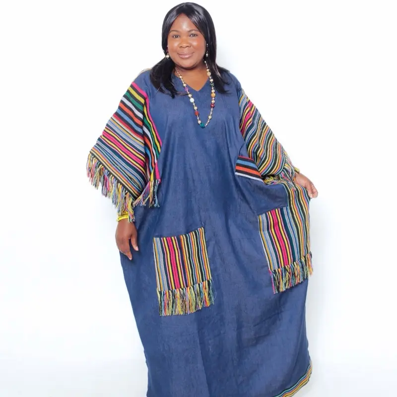 Asake Denim Asooke Kaftan - Deep Blue Soft Structured Denim with Multicolored Aso-oke Panels & Fringe - V-Neck Long Kaftan - Large/XLarge/1X/2X