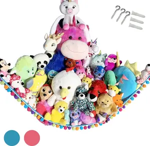 Plush Animal Teddy Bear Hanging Storage Toys Hammock Net With Fun Poms Poms - Organize Small, Large, Giant Stuffed Toys Balls Great Gift for Boys, Girls Instead of Bins Chest