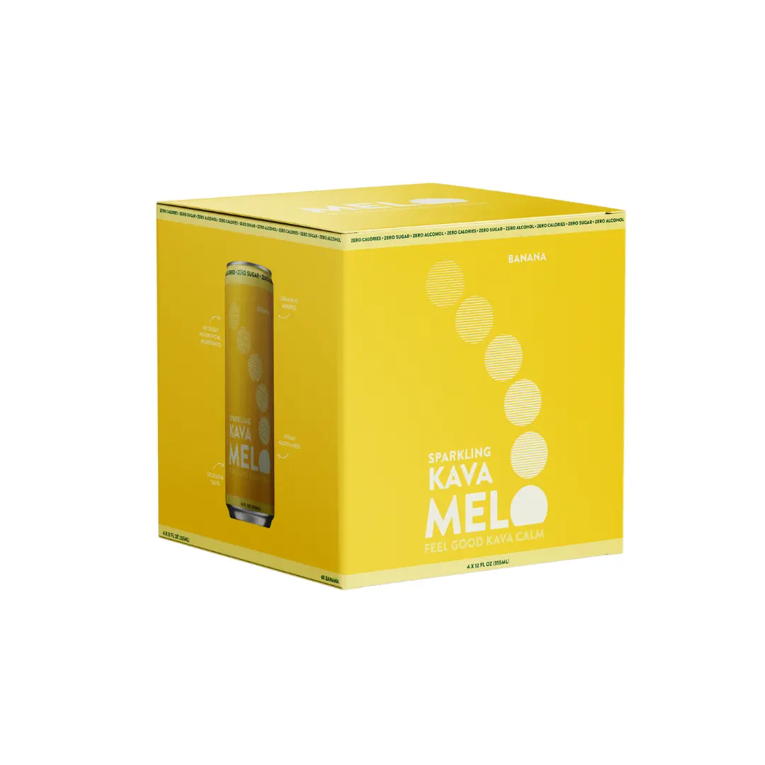 Melo 4-Pack Sparkling Kava Beverage - Banana Flavor - Sugar-Free, Non-Alcoholic, 0-Calorie, Gluten-Free, Vegan Mocktail - 1000mg Kava Root Extract Blend per 12 oz Can - 100% Natural