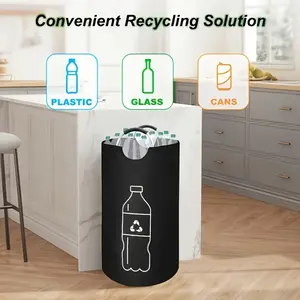 Heavy duty foldable canvas storage bin with lid cylindrical design space saving laundry and recycling basket with clear labels sturdy for home kitchen bathroom office easy storage and transport