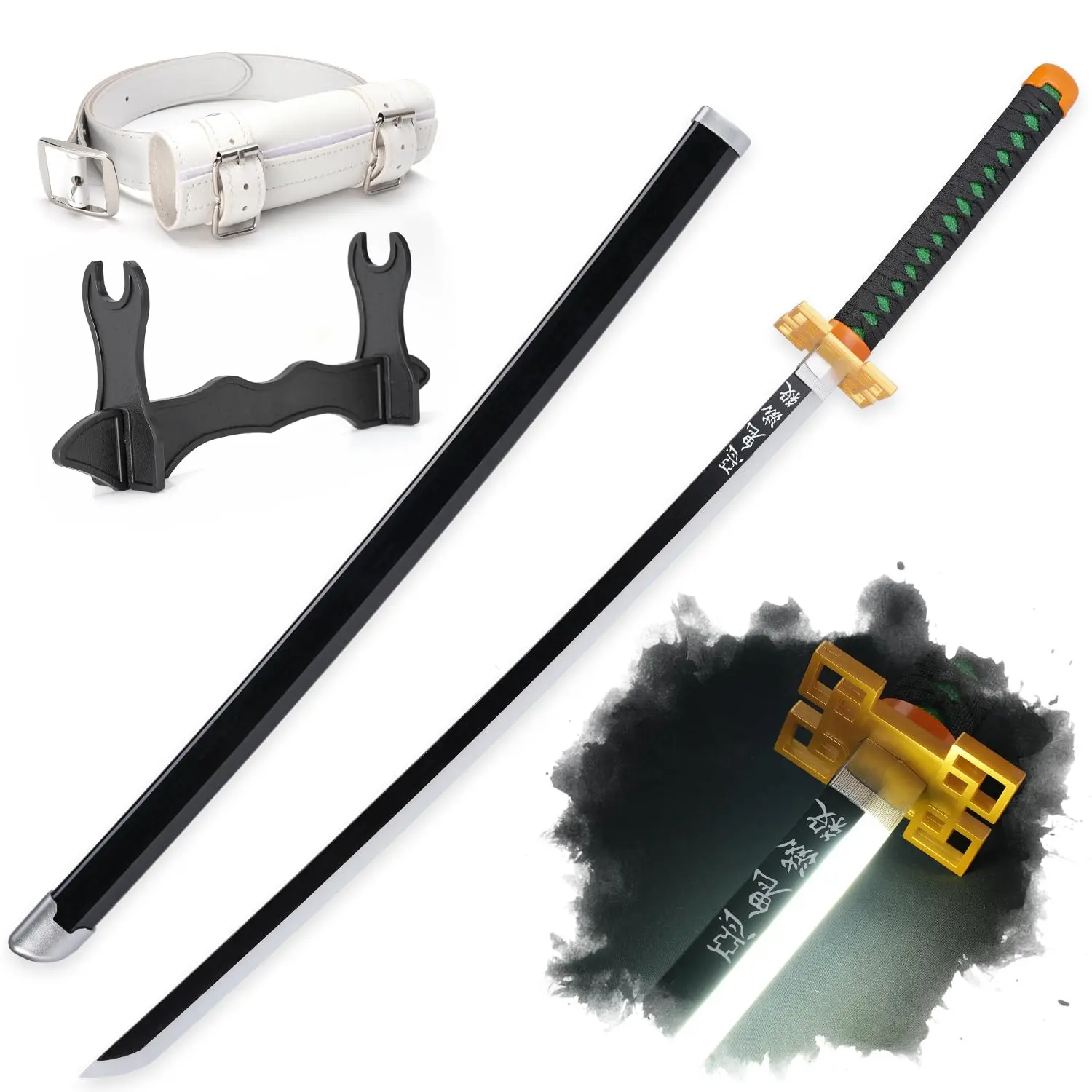 ELERVINO 41in LED Light Cosplay Demon Slayer Sword (Tokitou Muichirou, Plastic Dull Blade) with White Belt, Holder Stand, Decor Items for Halloween Cosplay Props, Collection