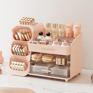 UFORU-Large Capacity Makeup Storage Box, Multi-functional Makeup Brush Lipstick Eyebrow Pencil Storage Box, Desktop MakeupOrganizer,Cosmetics Organizer Storage, jewelry organizer Pink,White