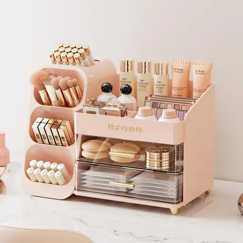 UFORU Eco-Friendly Multi-Compartment Large-Capacity Beauty Organizer - Dustproof Organizer Storage for Makeup Brushes, Lipsticks, Eyebrow Pencils, Jewelry, Bathroom Drawers+Comps (Pink, White)