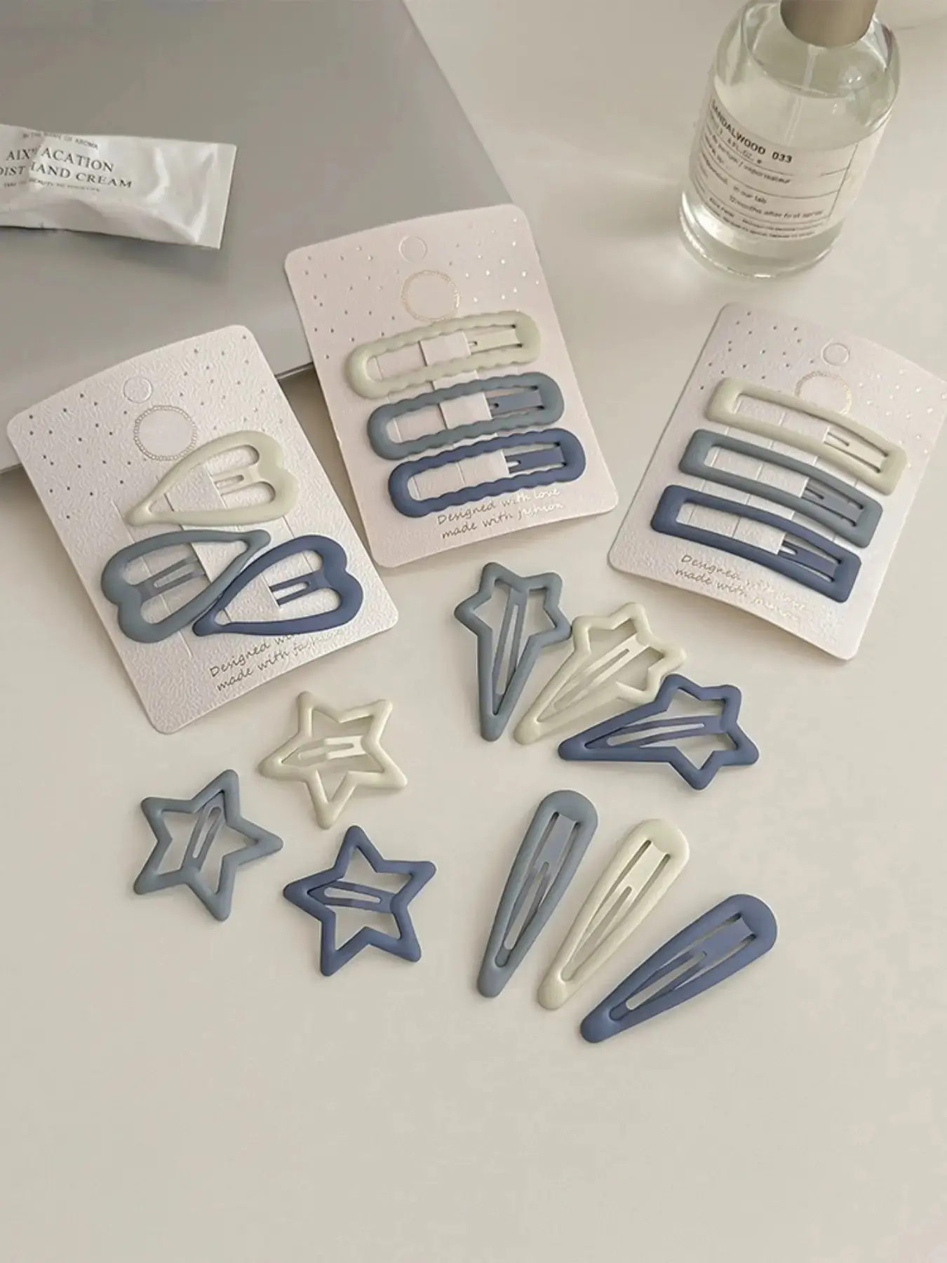 18pcs Cute Matte Blue Bb Clips, Flat Hair Clips, Gradient Heart Water Drop Star Hair Pins, Sweet Side Bangs Clamps, Beach Style Fashion Hair Accessories