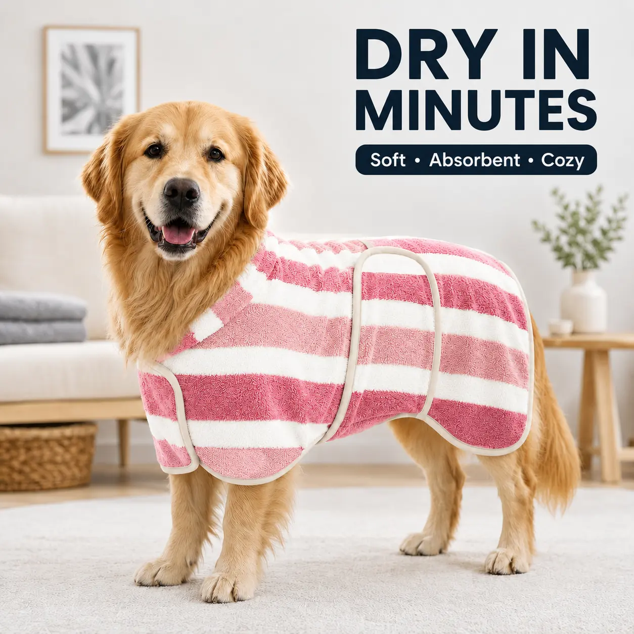 Dog Bathrobe for Dogs, 1-Piece Striped Polyester Fibre Pet Bathrobe with Adjustable Belly Band, Multi-Size, Super-Absorbent, Absorbs Moisture, Quick-Drying, Machine-Washable Grooming Clothing