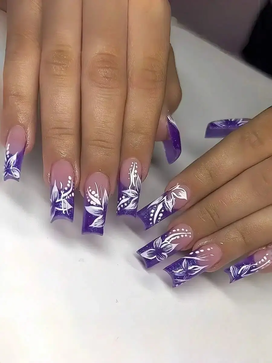 24Pcs Square Long Press On Nails Purple French White Floral Nail Art Tips Wearable Full Coverage Removable For Women