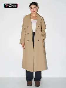 Fall & Winter Trendy Solid Color Lapel Double Breasted Waist Tie Trench Coat Jackets