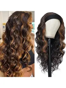 Women's Long Synthetic Wavy Headband Wig — Black with Brown and Gold Highlights — Glueless Wig — Suitable for Daily Wear