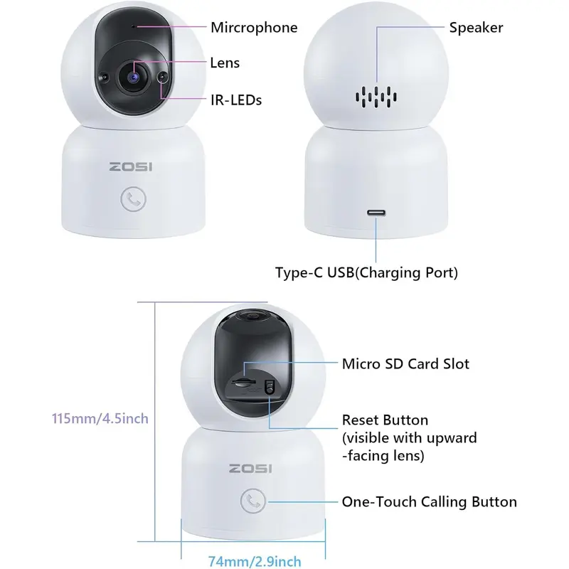 ZOSI C518 3MP 2K Indoor Pan-Tilt Smart Home Security Camera - Corded Power, Plug-and-Play, 2.4G/5G Dual-Band Wi-Fi, Phone App Control, Night Vision, Person Detection, 2-Way Audio, Cloud & Local Storage, 2-Year Guarantee