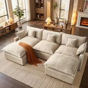 HOOOWOOO 108" U-Shaped Modular Sectional Sofa with 2 Movable Ottoman, Cloud Sofa, Comfy Cloud 3-Seater, Deep Seat Linen Couch for Living Room, 【2 Packages Shipping】Beige Color, Comfort & Stylish Design, Chenille Camel