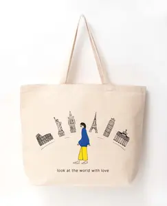 Pollyanna NY Look at the World with Love Tote Bag - Lightweight 100% Heavy Cotton Canvas Shopping Bag with Iconic Landmarks Print - Eco-Friendly & Versatile for Everyday Use
