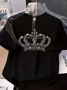 Women's Crew Neck Short Sleeve T-Shirt Top 3 Colours Available Sparkly Rhinestone Crown Print Youthful Brightening Flattering Slimming Loose Fit Soft Skin-Friendly Breathable Lazy Versatile For Daily Commute Travel Dates Girls Outings Lady