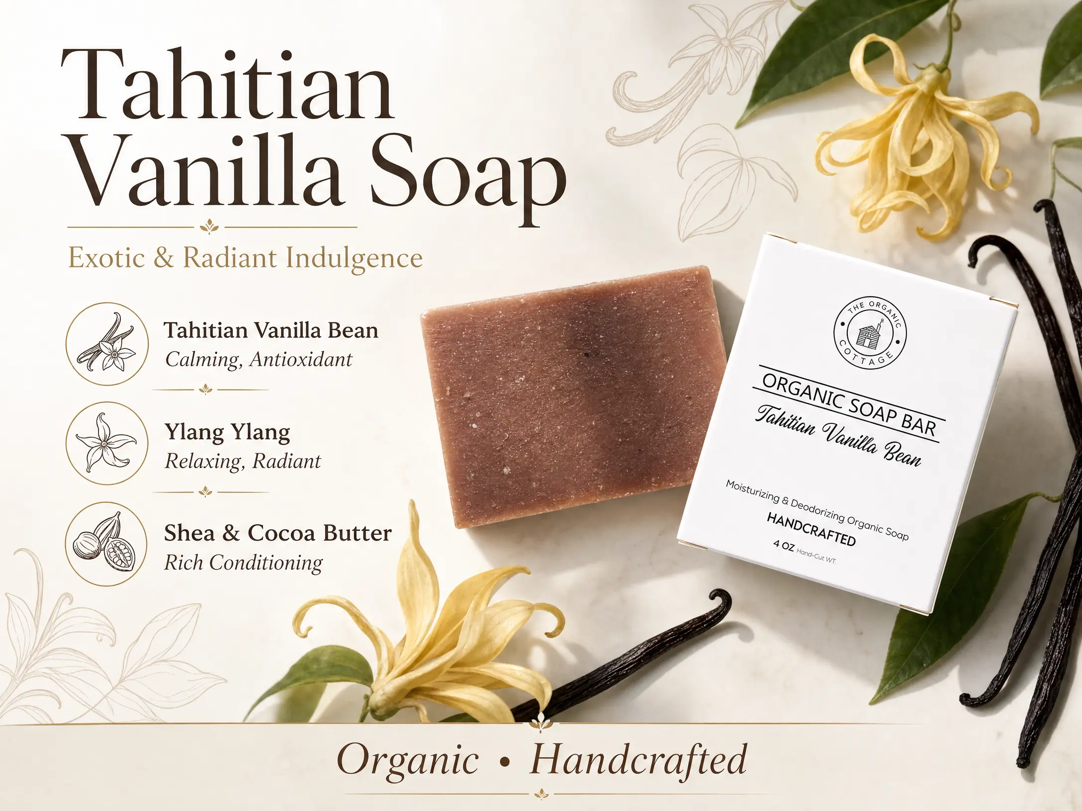 Soap Bar Tahitian Vanilla Bean Handcrafted 4 Oz Moisturizing & Deodorizing Organic Soap Bar